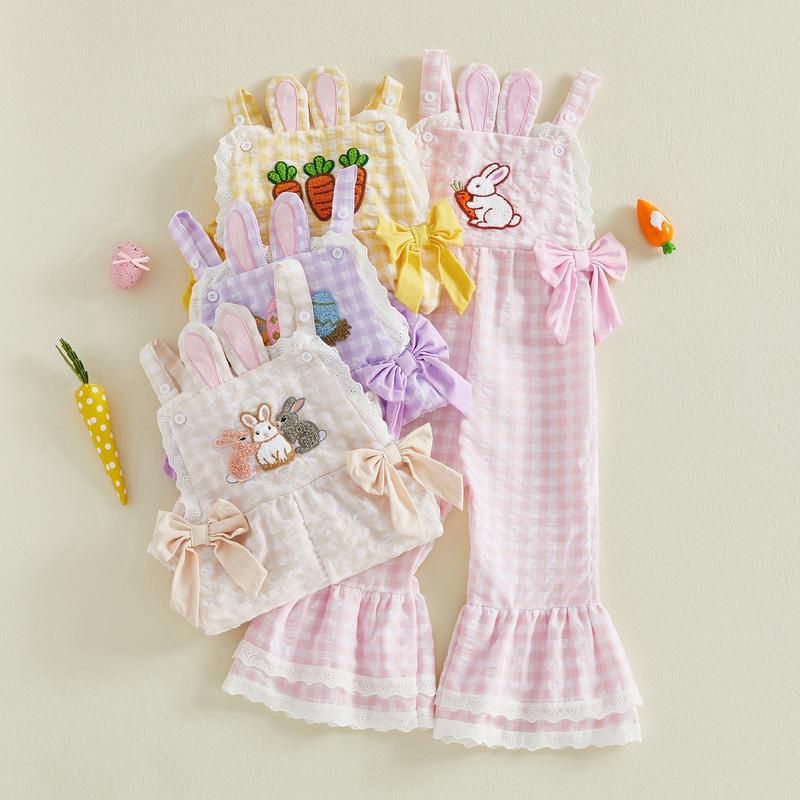 Toddler Baby Little Girls Plaid Jumpsuits Easter Egg Embroidery Sleeveless Bell-Bottom Overalls 1-5 Years